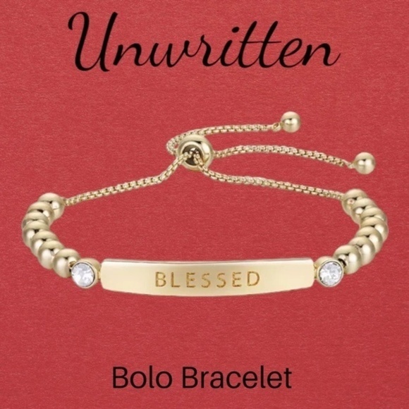 Unwritten Jewelry - UNWRITTEN Gold Flash Plated "Blessed" Bar & Bead Adjustable Bolo Bracelet